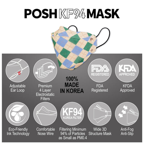POSH KF94 Mask Classic Blue Green Argyle (A09) POSH KF94 Mask Classic Blue Green Argyle (A09)